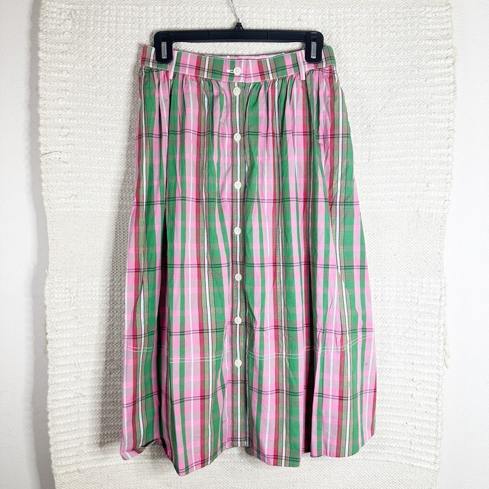 J. CREW green and pink vintage plaid button-up midi skirt 2